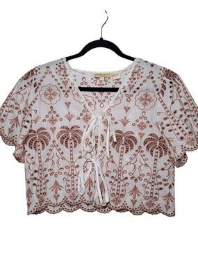 Rebellion Tie Front Eyelet Palm Top Cotton White Brown Large Boho Tropical